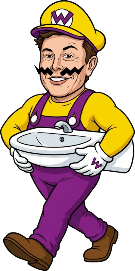 Wario-Musk grinning and carrying a white bathroom sink in both hands.
