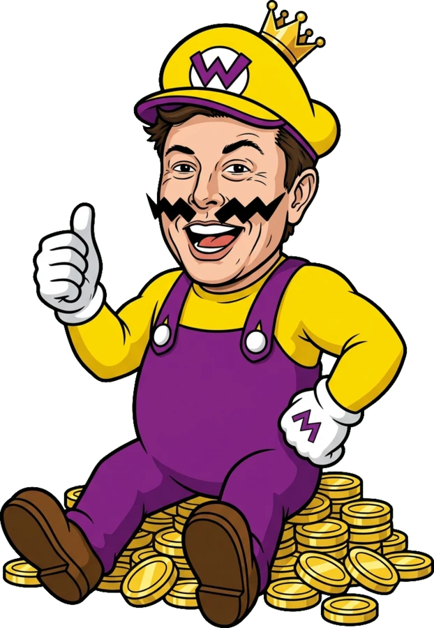 Wario-Musk wearing a tiny crown, seated on a heap of gold coins with a thumb up.