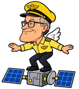 Full-body caricature of Ed Bastian riding a satellite