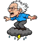 Full-body caricature of Bernie Sanders riding a storm cloud
