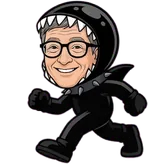 Full-body caricature of Bill Gates running in a shark costume