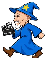 Full-body caricature of Alex Gibney walking with a film clapperboard
