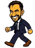 Full-body caricature of Zohran Mamdani walking in a dark suit
